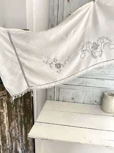 Antique French MANTELPIECE curtain embroidered LINEN FIL lace entredeux c1900