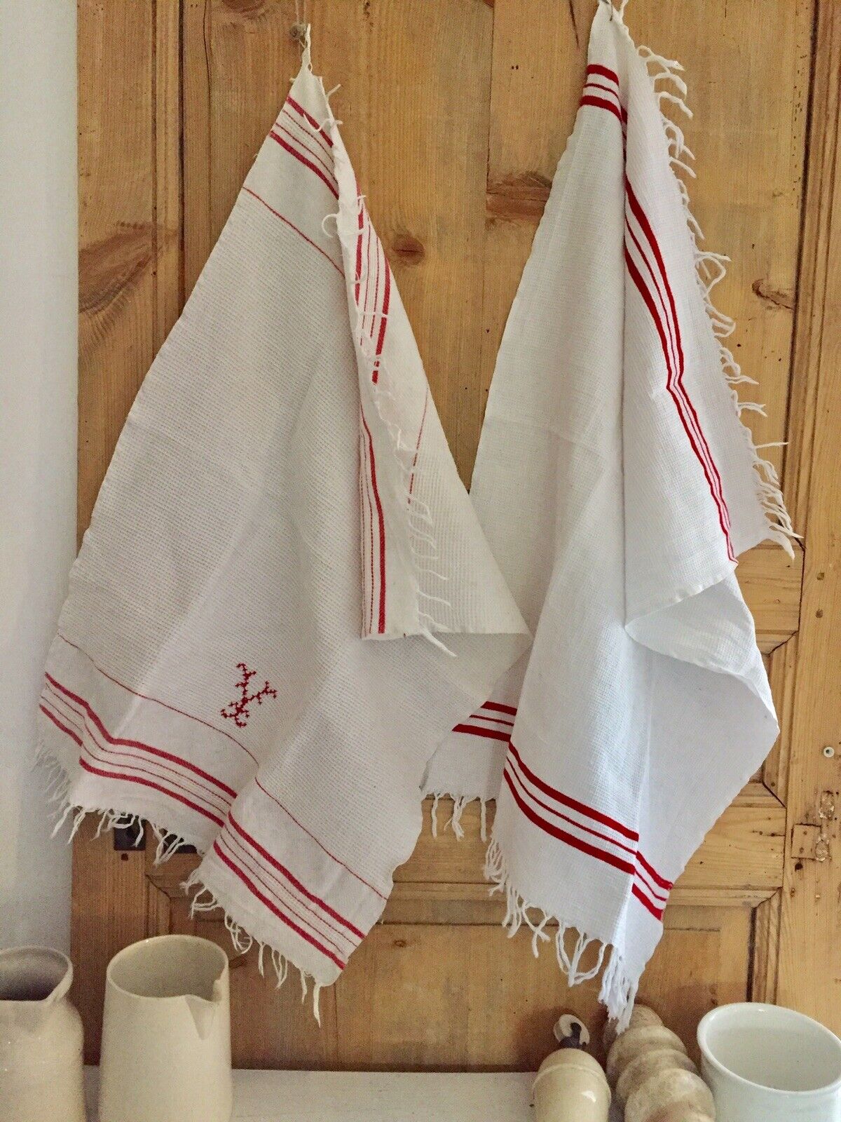 Pair Antique French GUEST TOWELS cotton nid d’abeille c1900