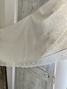 Antique French LONG MANTELPIECE COVER curtain embroidered LINEN lace trim c1900