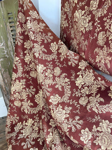 PAIR antique French FLORAL DAMASK RED GOLD cotton panels ROSES c1880