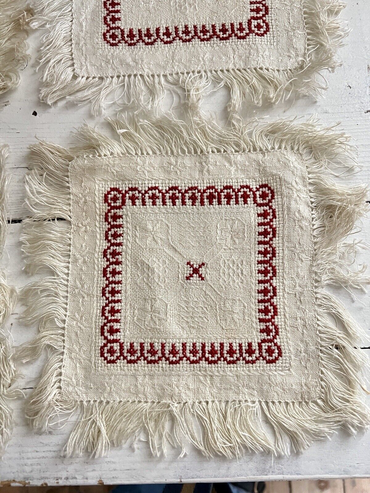 SET 5 French EMBROIDERED damask cotton DOILIES mat RED DECOR fringes c1930