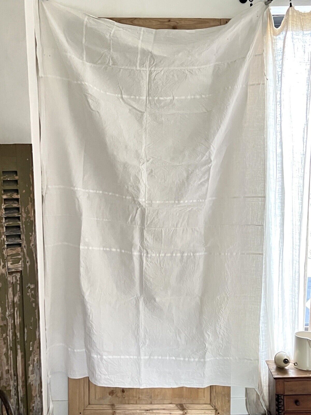 Antique French LINEN FIL PATCHED curtain DT mono c1900