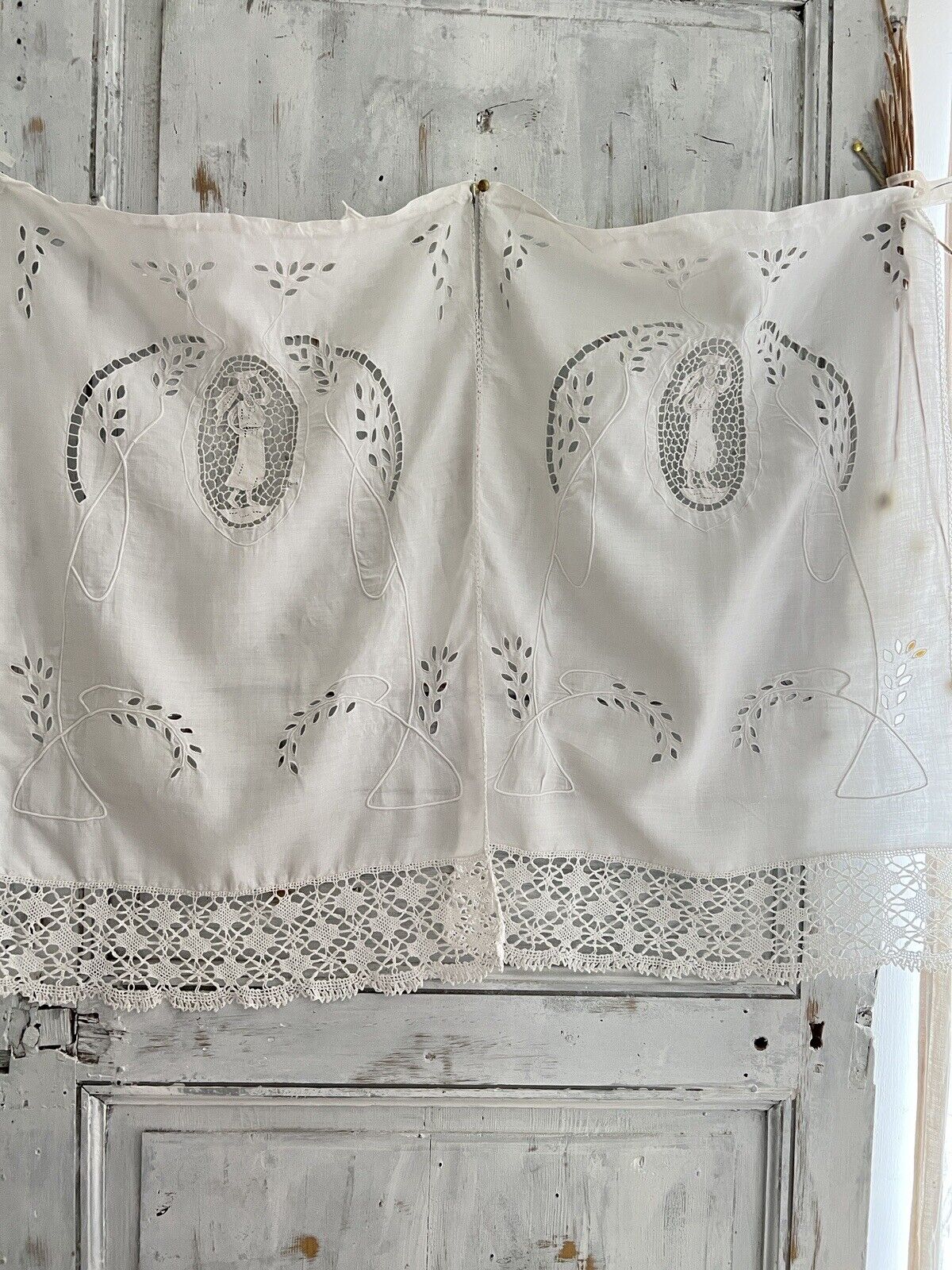 PAIR Art Nouveau French LINEN FILET LACE  trim curtain BRISE BISE eyelet c1920