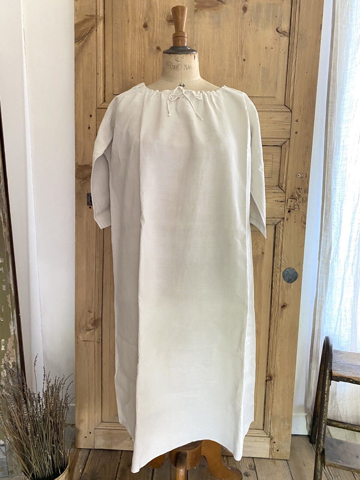 Antique French PRIMITIVE LINEN FIL nightshirt unused MC mono c1850