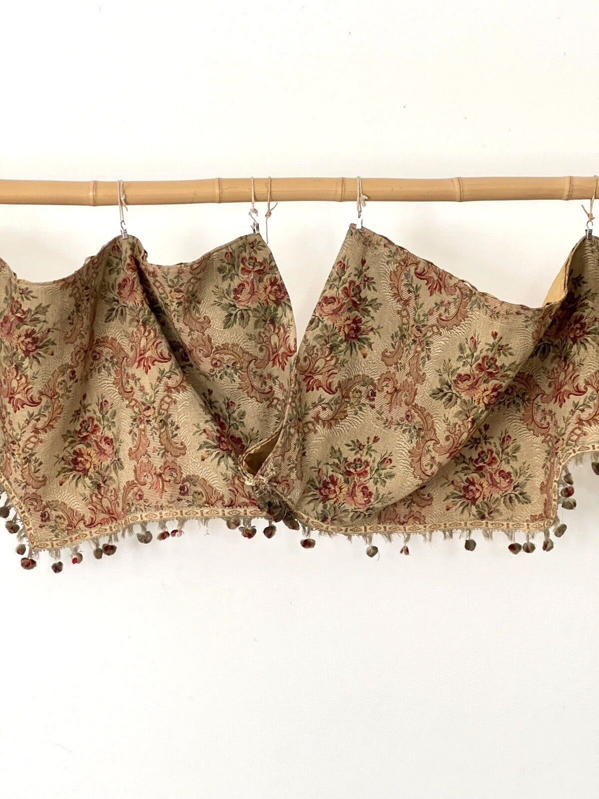 Antique French PAIR floral DAMASK VALANCE braid POMPOMS roses DECOR padded c1850