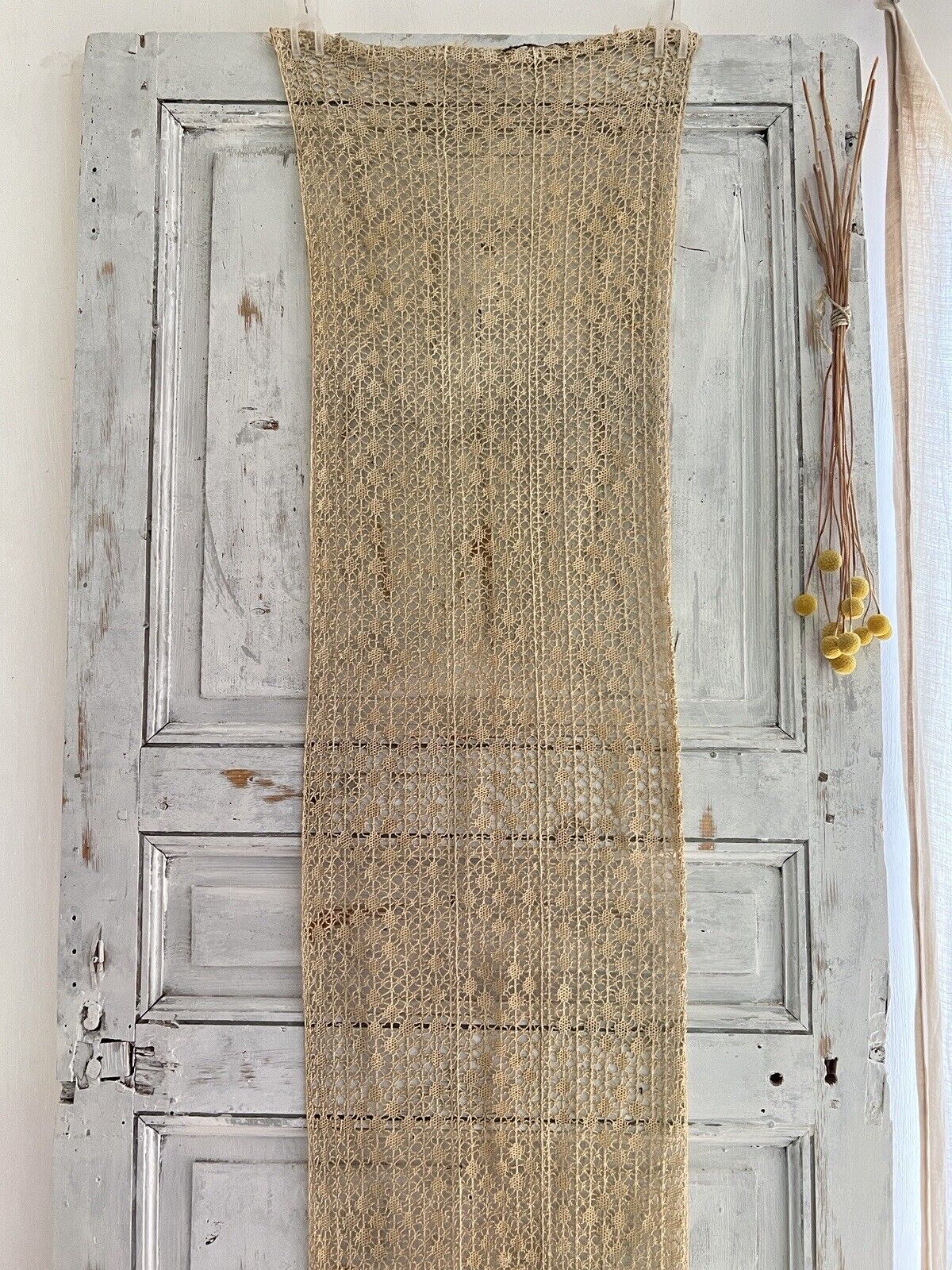 Art Deco French FILET LACE cotton CURTAIN golden tones c1920