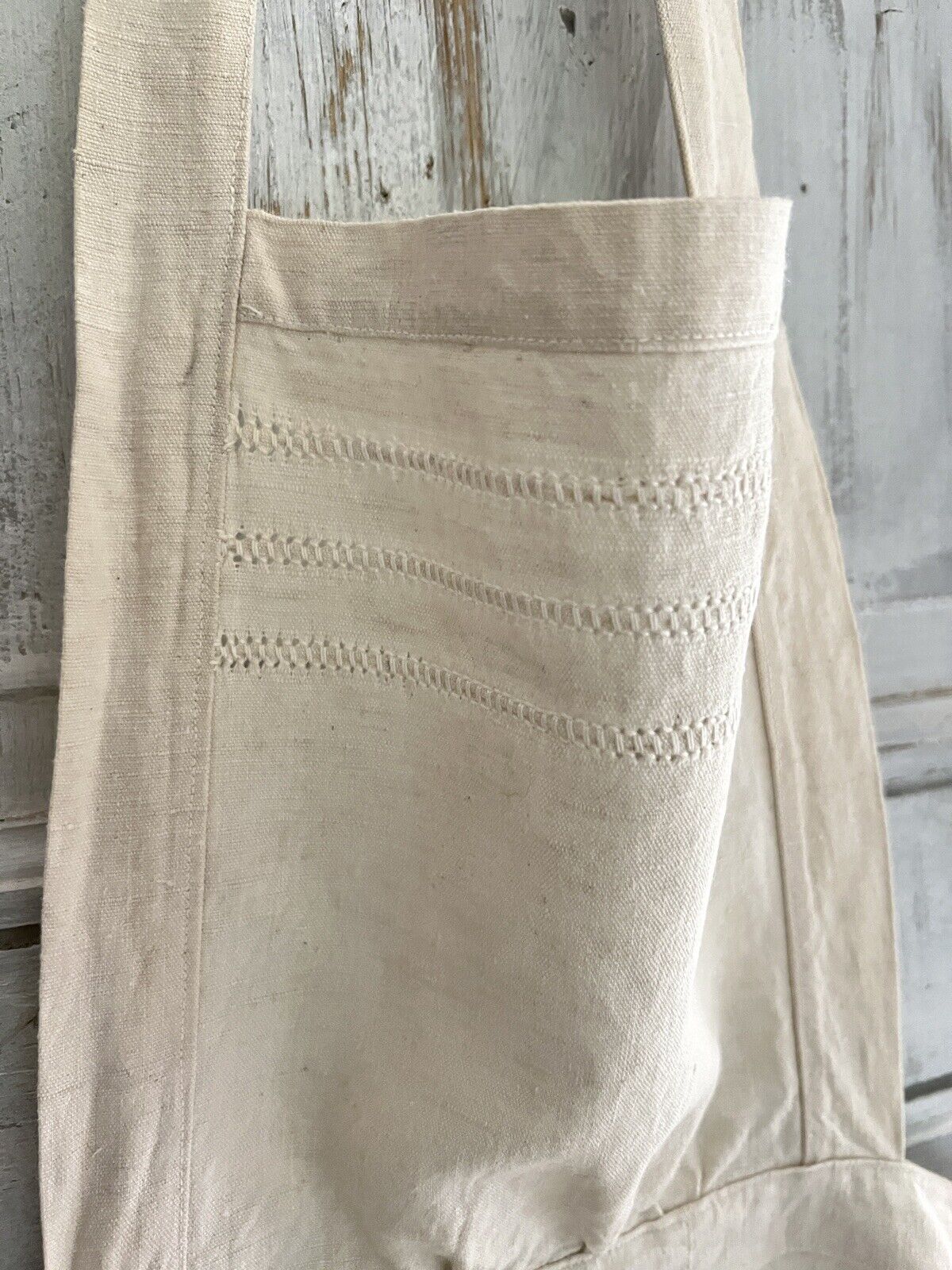 Antique French EMBROIDERED heavy linen cotton NATURAL WORK WEAR APRON c1920