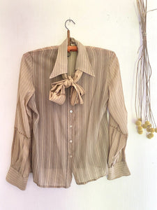 Vintage French woman LAVALLIERE BLOUSE BEIGE acetate STRIPES c1970