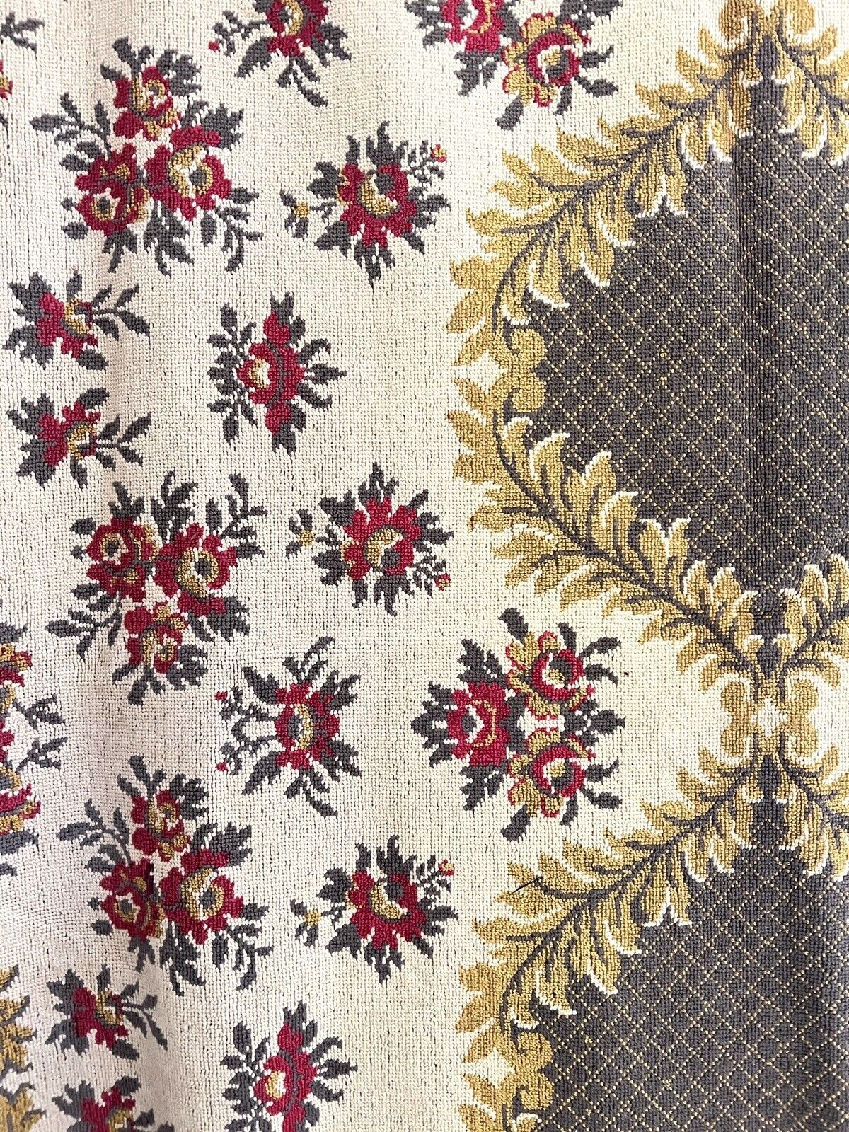 Vintage French FLORAL cotton PROVENCAL GOLD tablecloth wall hanging FRINGE c1950