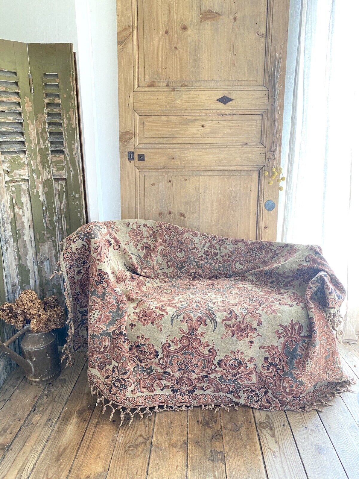 Antique French PALE PINK BLUE PAISLEY boteh TAPESTRY indiennes FRINGES c1930