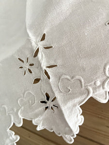 Antique French linen embroidered VALANCE MANTELPIECE FESTONS eyelet c1900