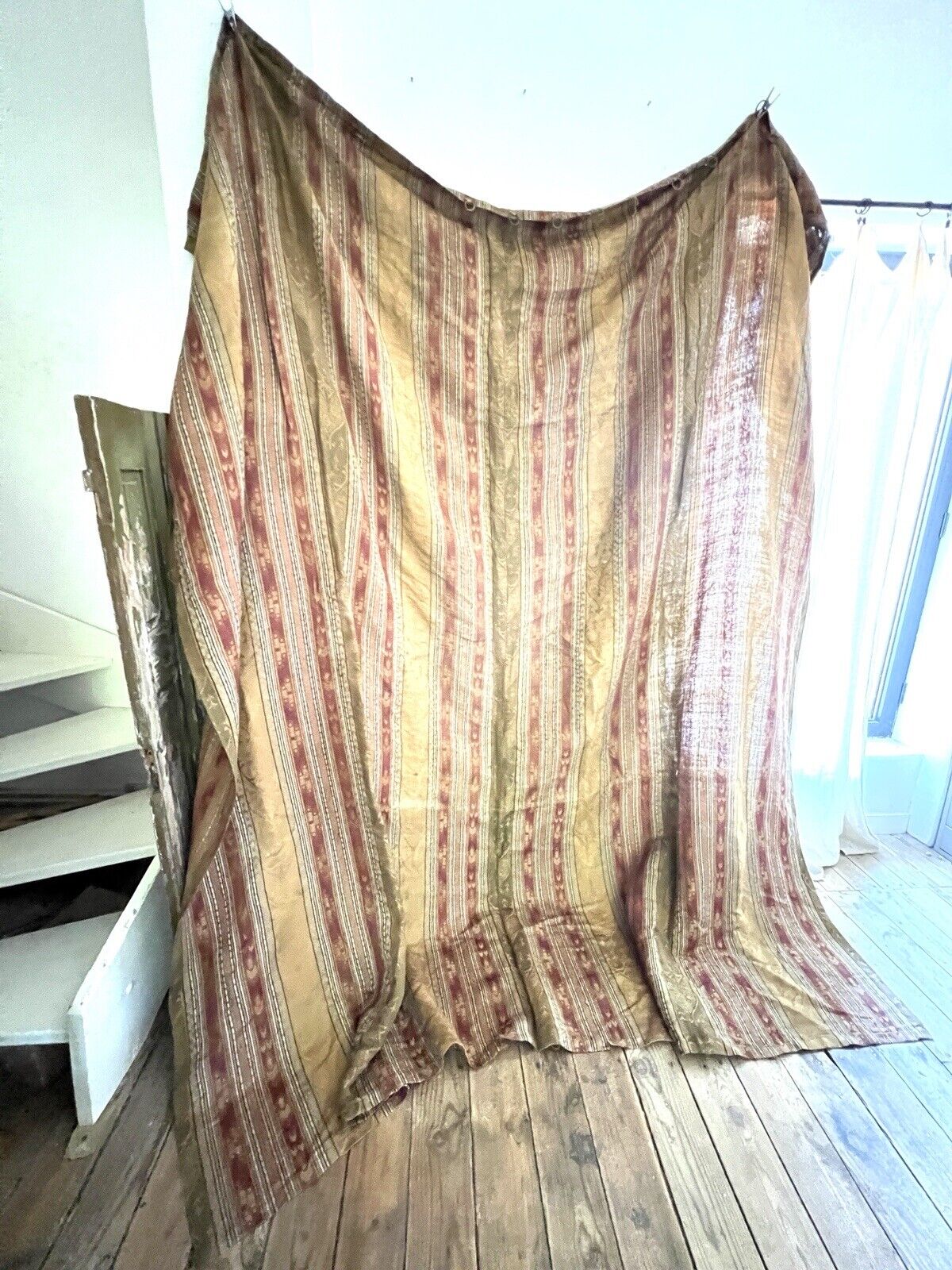 LARGE antique French DAMASK SILK Empire style striped FLEUR DE LYS curtain c1920