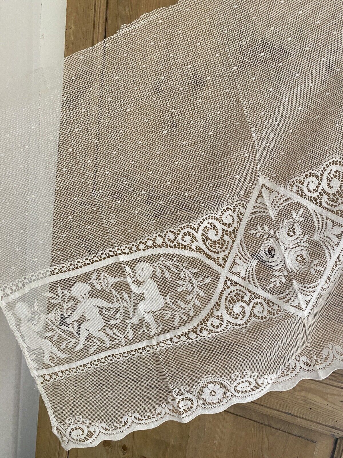 Vintage French FILET LACE panel CURTAIN brise bise c1930