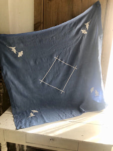 Vintage French china blue LINEN coffee TABLECLOTH ladder work application c1950