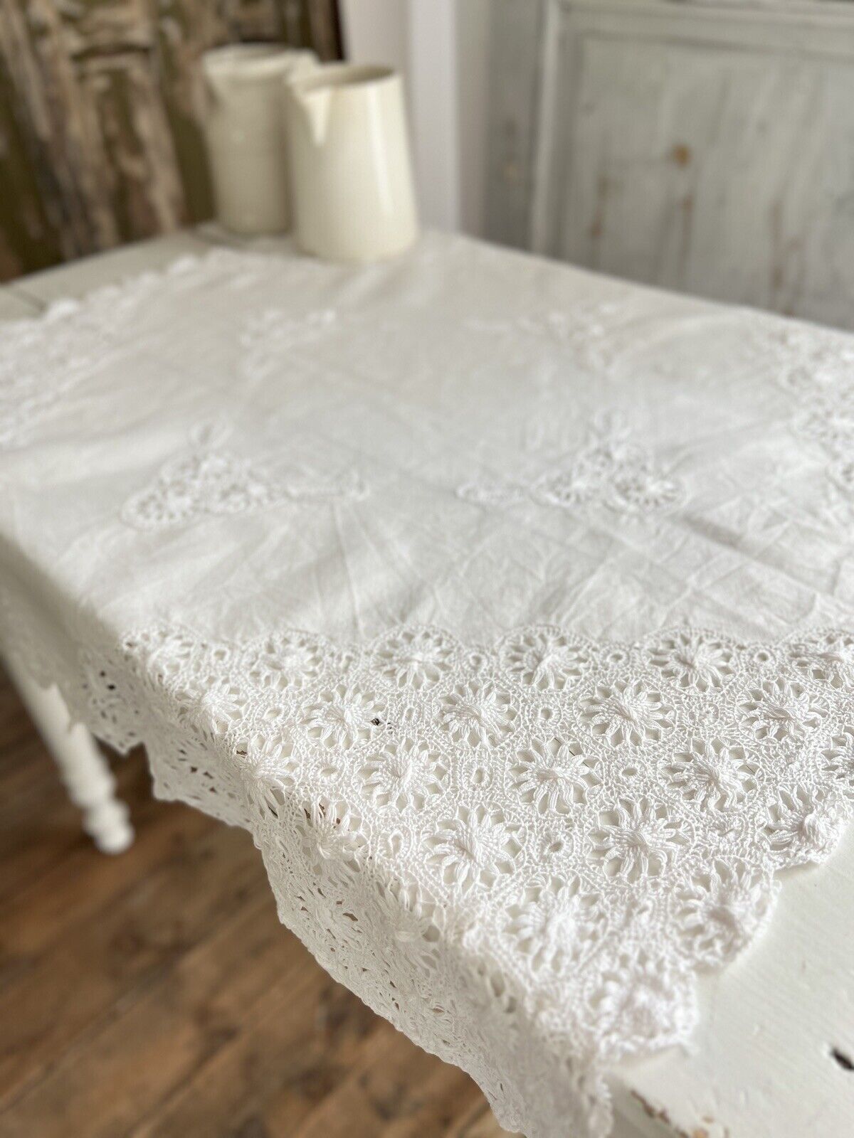 Vintage French EMBROIDERED filet lace LINEN tea TABLECLOTH c1930