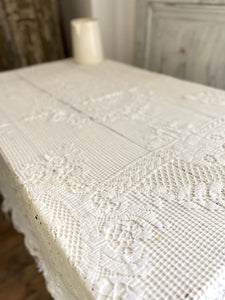 Antique French EMBROIDERED filet lace  tea TABLECLOTH FRINGES c1900