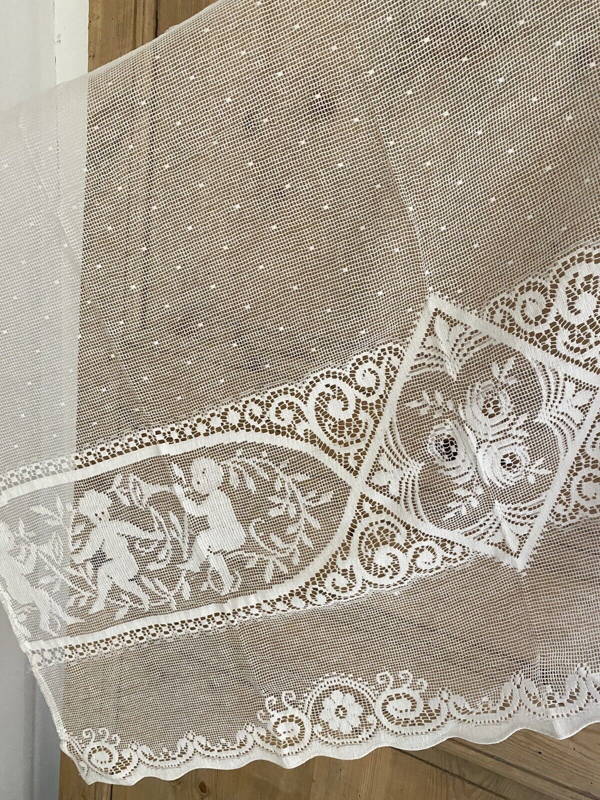 Vintage French FILET LACE panel CURTAIN brise bise c1930