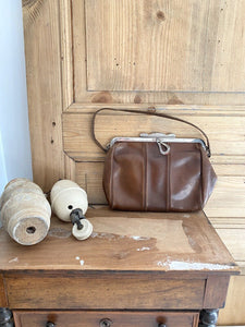 Vintage French brown LEATHER shoulder BAG c1950