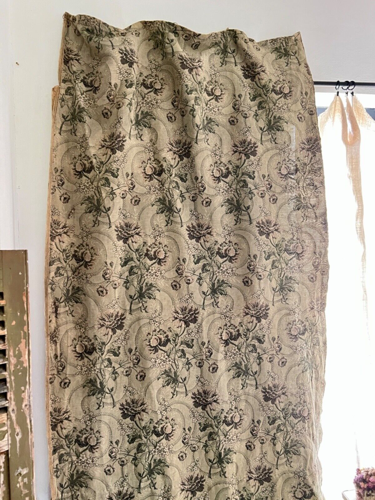 Antique French long woven DAMASK cotton FLORAL GREY green CURTAIN c1910