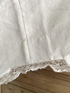 Vintage French LITURGIC valance MANTELPIECE damask cotton LACE backed c1930