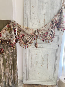 Antique French FLORAL cotton VALANCE mantel CHINOISERIE pompoms c1900