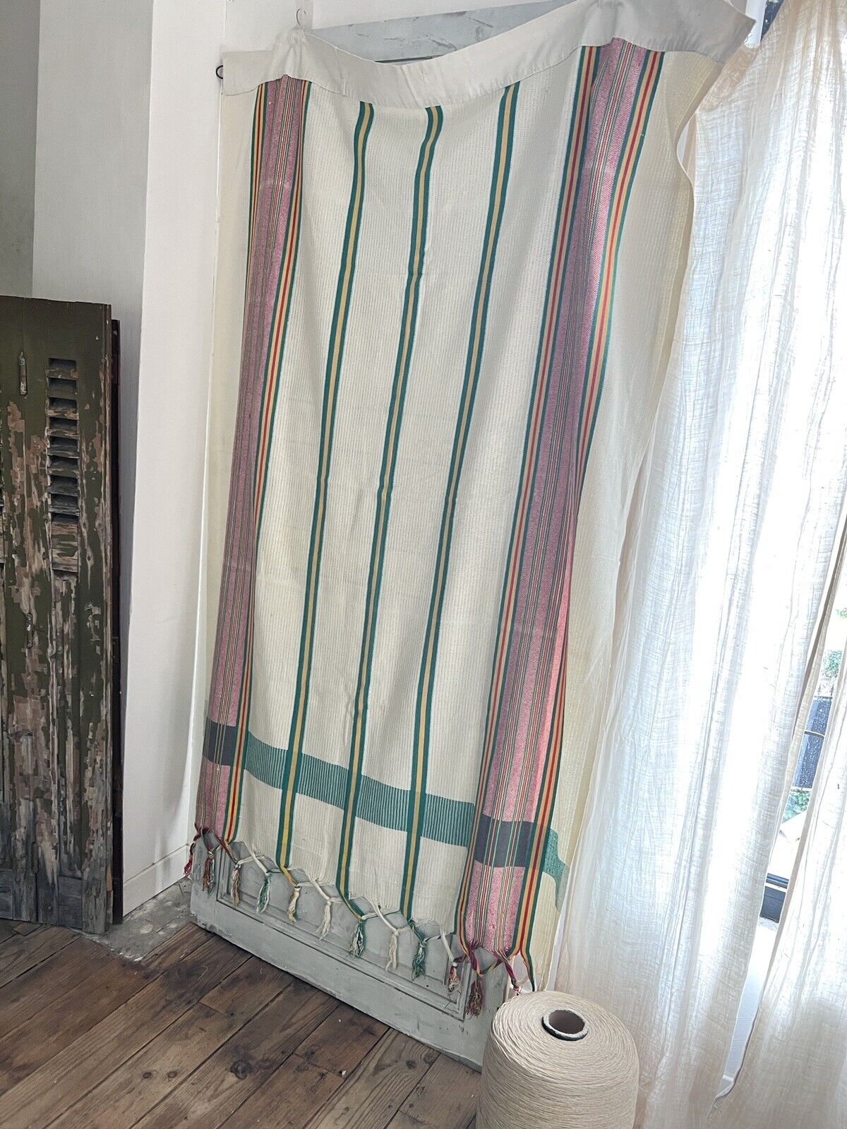 Vintage French Provencal long cotton STRIPED DOOR CURTAIN fringes c1950