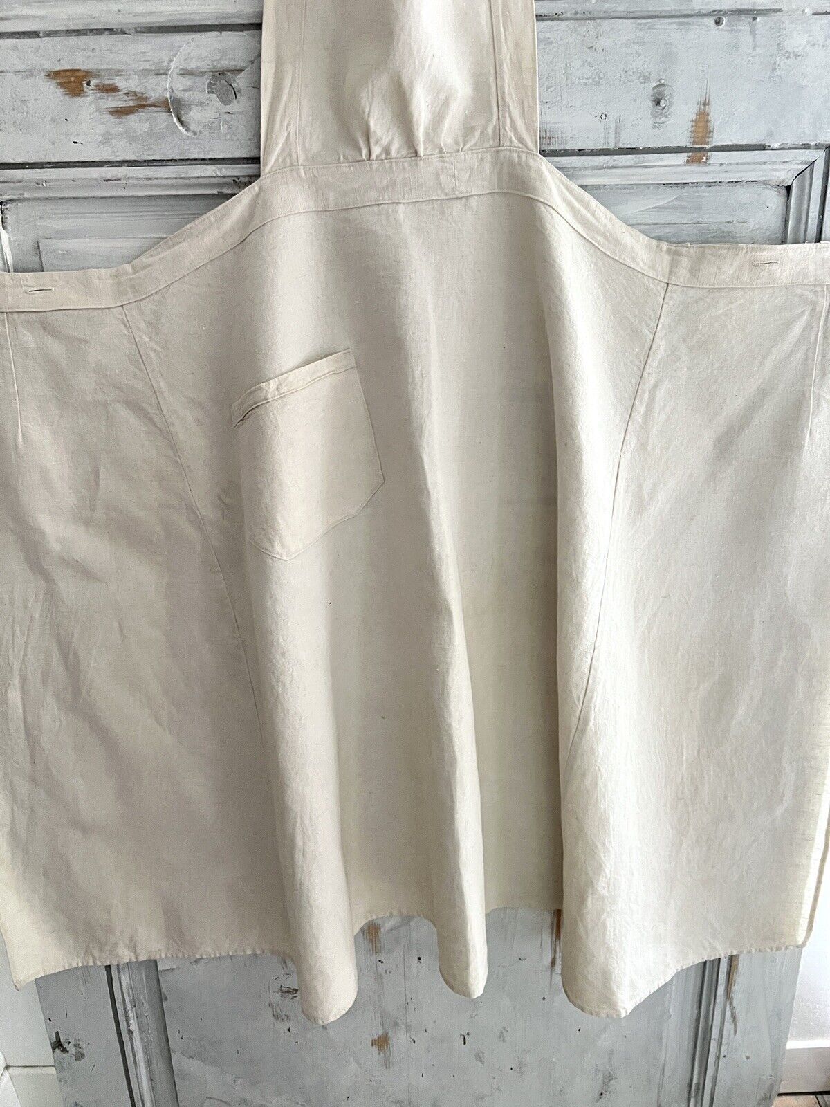 Antique French EMBROIDERED heavy linen cotton NATURAL WORK WEAR APRON c1920