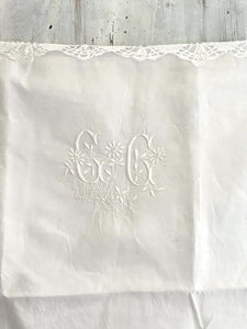 Antique French EMBROIDERED linen  FIL PILLOW SHAM lace TRIM CC mono c1900