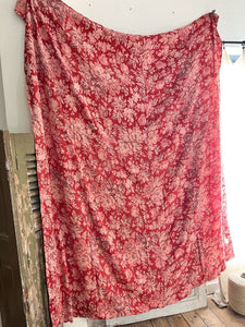 Antique French LARGE red pink FLORAL panel CURTAIN mended c1880