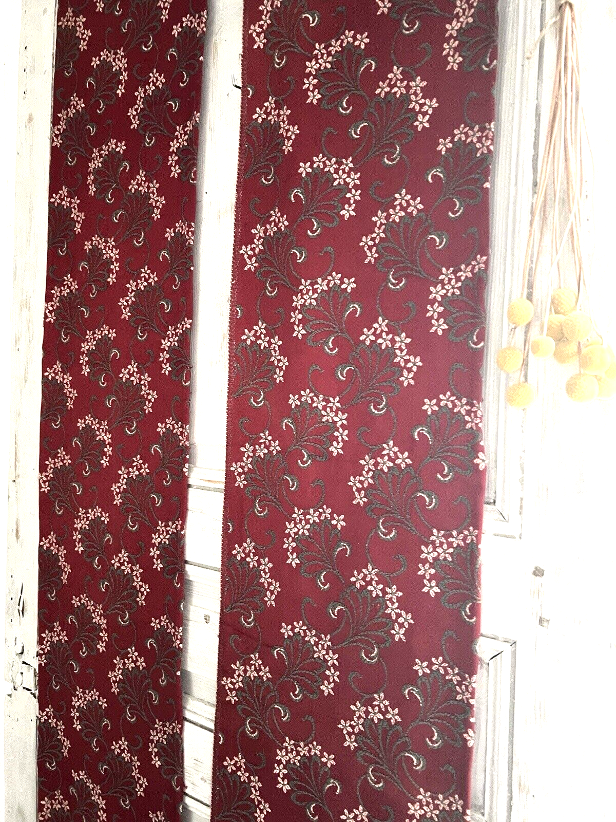 Pair antique French FLORAL JACQUARD CURTAINS cramoisi RED c1900