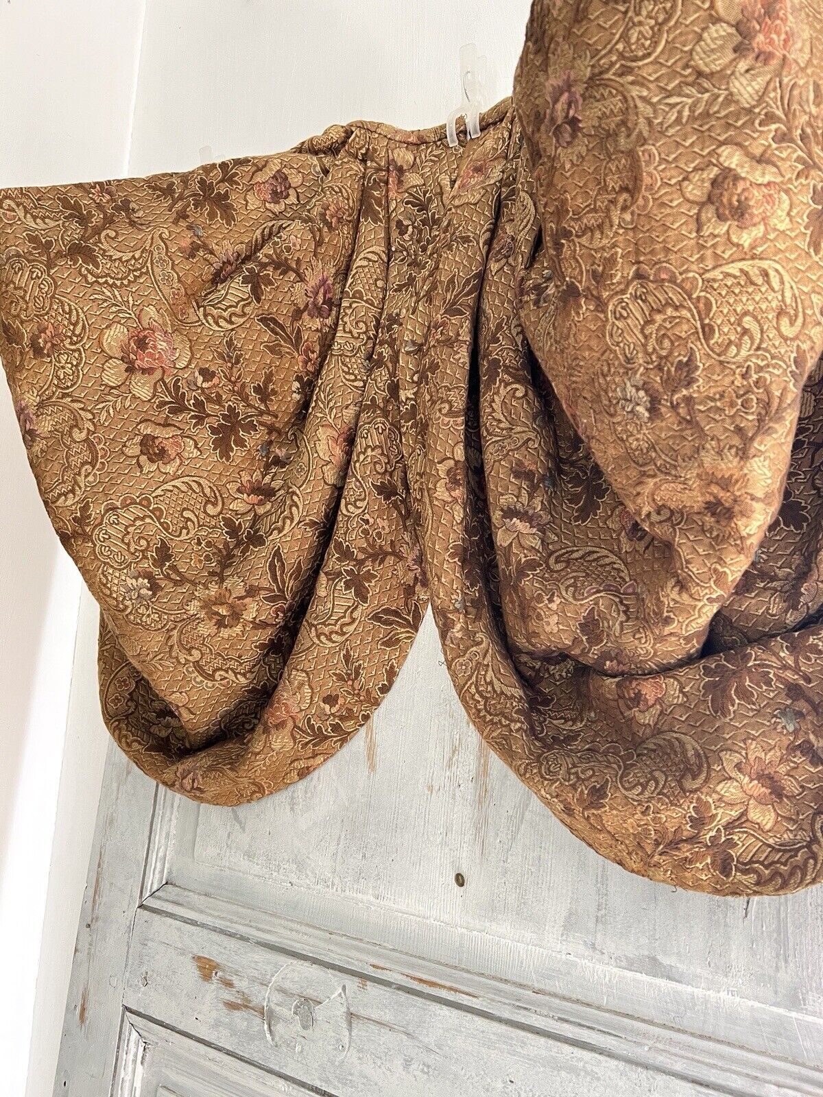 Antique French PAIR GOLD floral DAMASK VALANCES braid DRAPE c1880