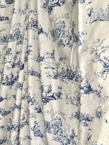 PAIR vintage French blue TOILE DE JOUY cotton PASTORAL CURTAINS BACKED c1950