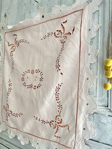 Antique French pink EMBROIDERED eyelet linen PILLOW SHAM FESTONS RC mono c1920