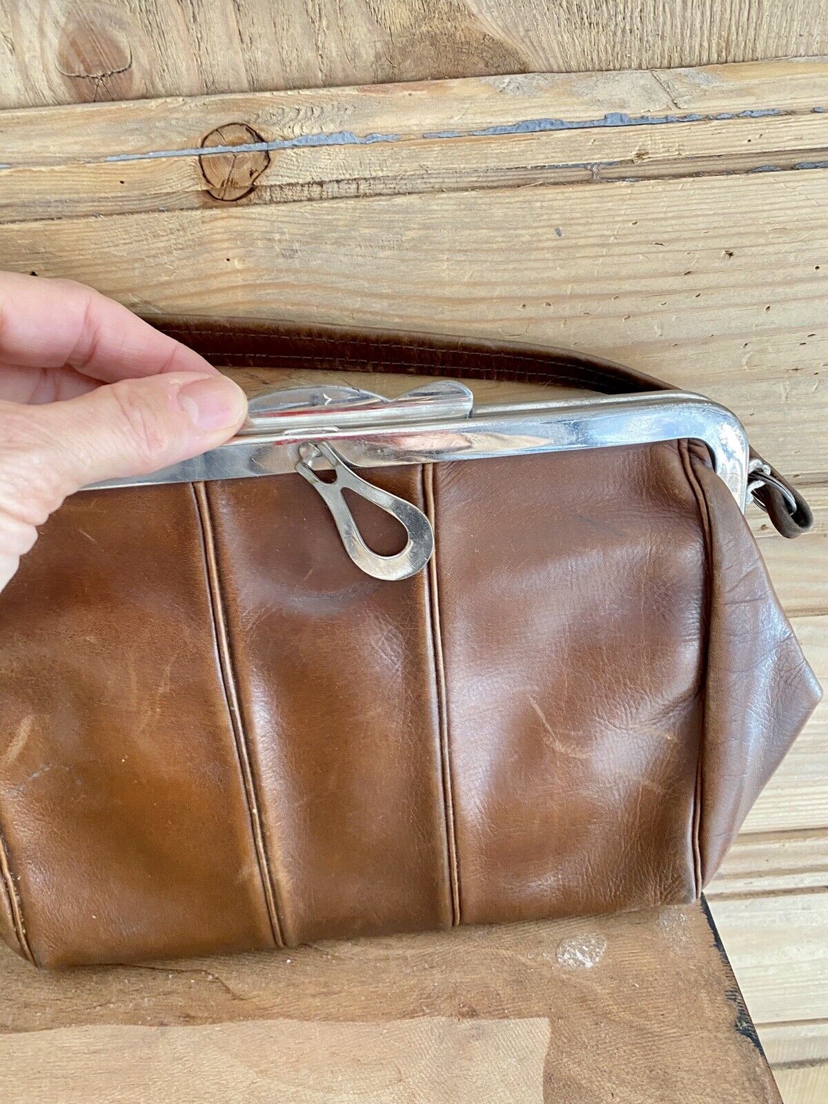 Vintage French brown LEATHER shoulder BAG c1950