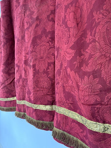 Antique French Empire long PURPLE RED floral DAMASK VALANCE braid FRINGES c1880