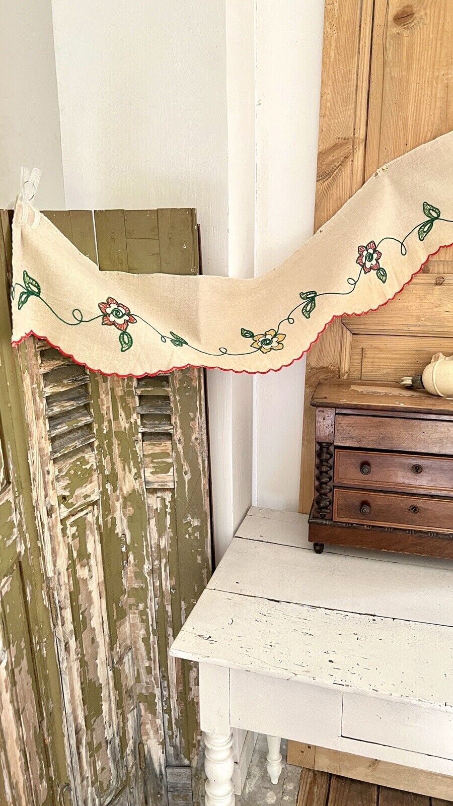 Vintage French country MANTELPIECE COVER embroidered NATURAL LINEN c1930