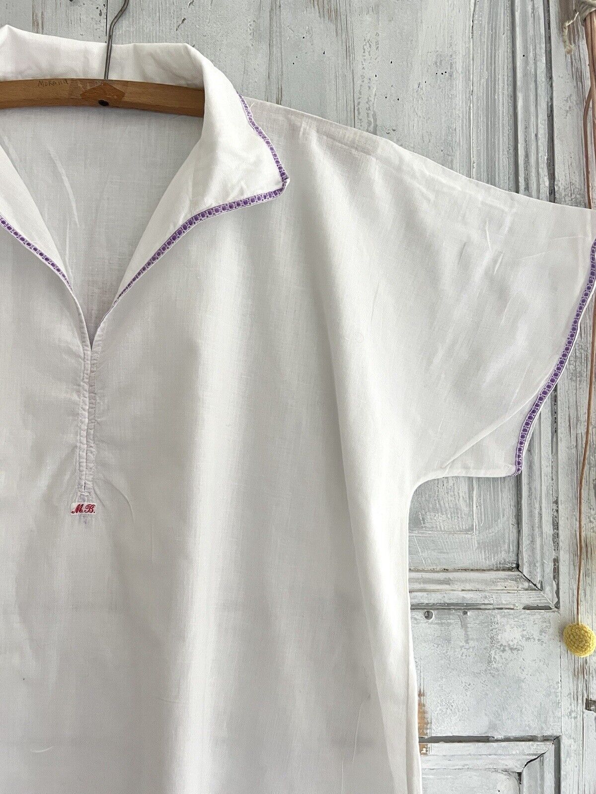 Vintage French MAN cotton gauze NIGHTSHIRT purple liseret 1930