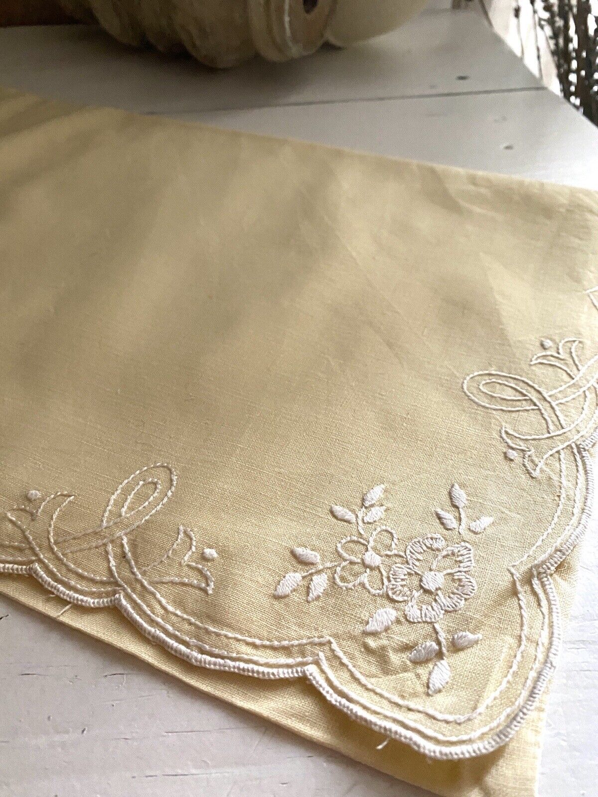 Vintage French cotton EMBROIDERED LINGERIE BAG festons  c1930