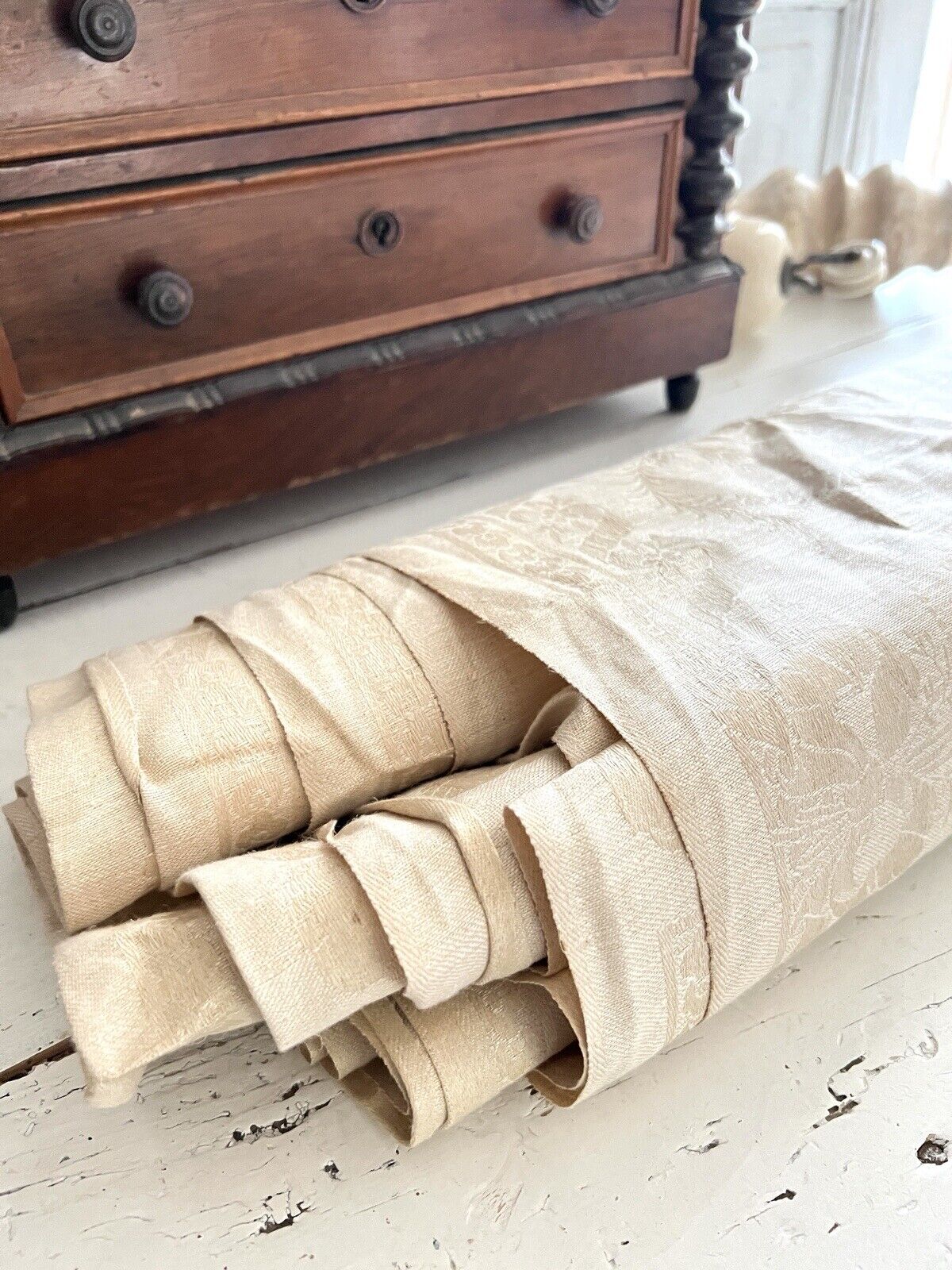 RARE antique French DAMASK LINEN fabric napkins natural tone c1900