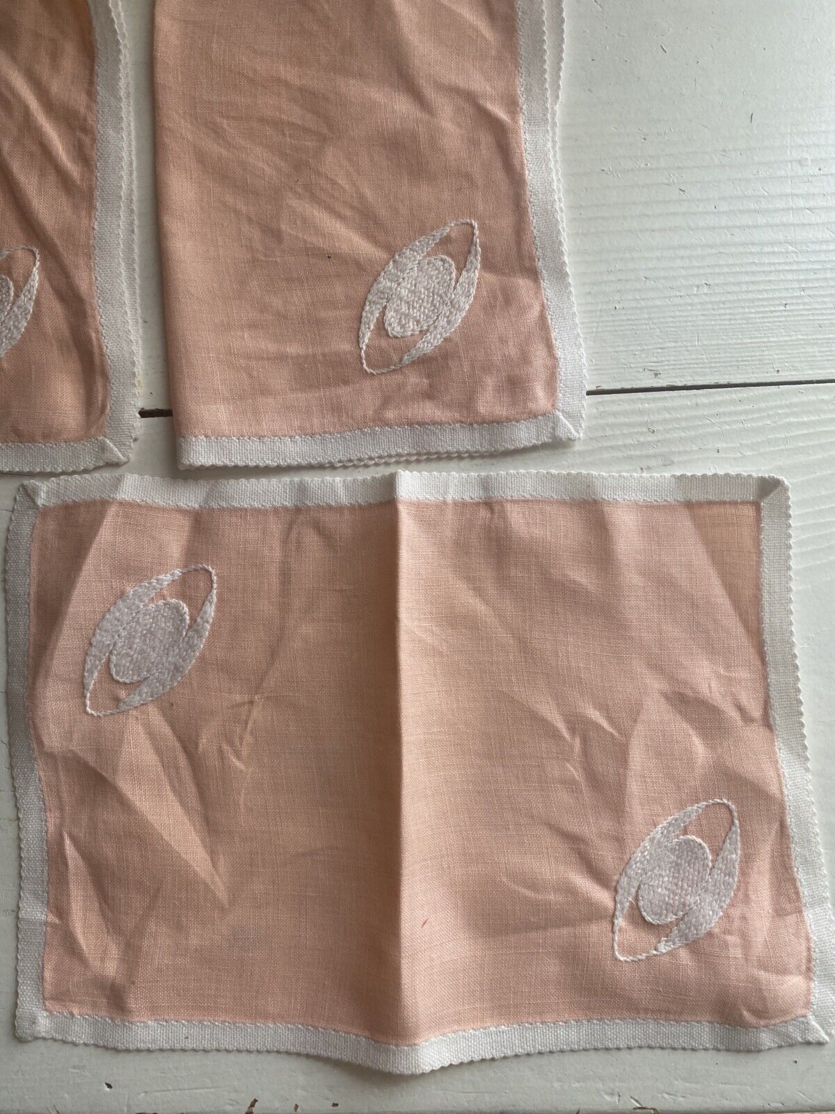 Set 10 vintage French LINEN TEA NAPKINS embroideries PALE PINK shabby chic c1950