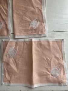 Set 10 vintage French LINEN TEA NAPKINS embroideries PALE PINK shabby chic c1950