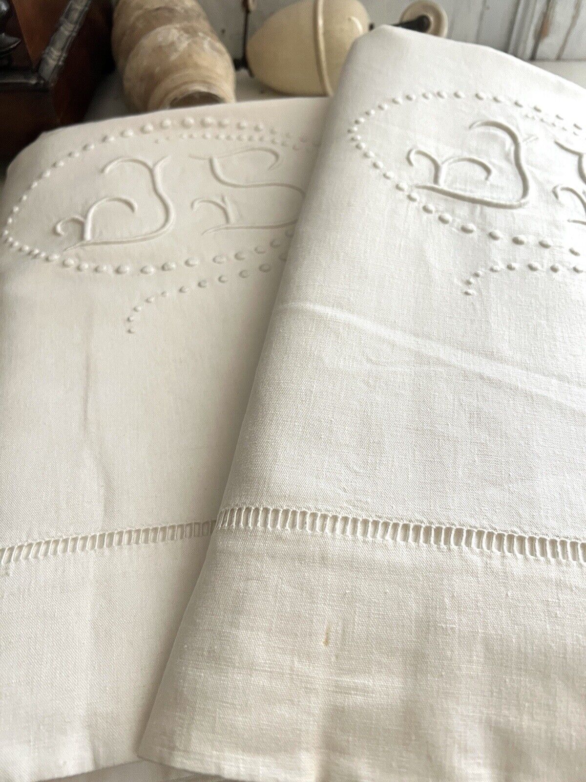 PAIR antique French large DOWRY LINEN COTTON sheets OPENWORKS JS mono c1920