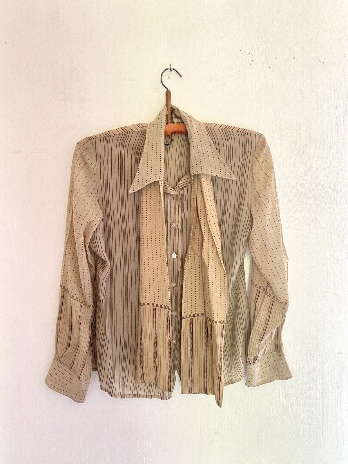 Vintage French woman LAVALLIERE BLOUSE BEIGE acetate STRIPES c1970