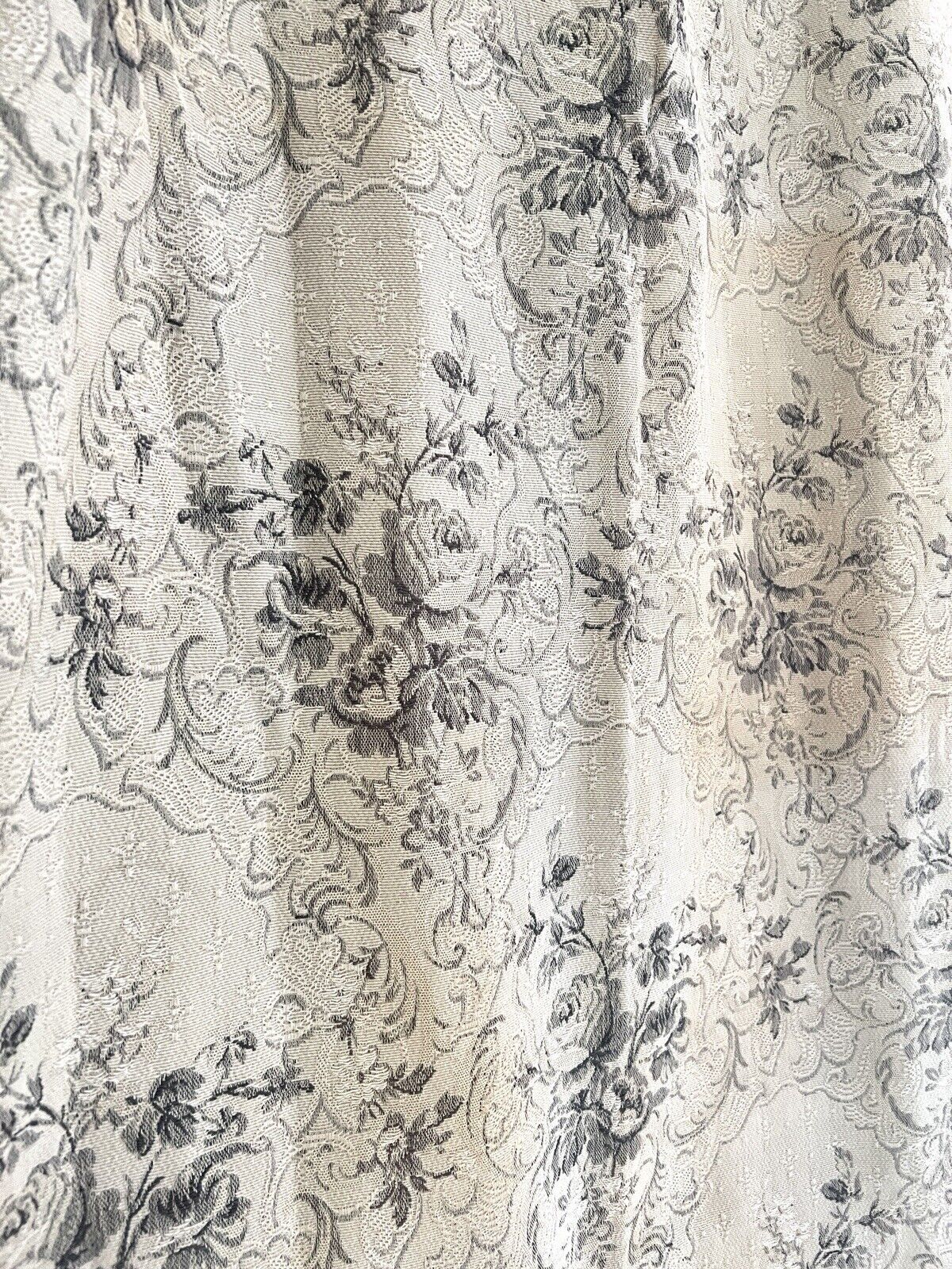 Antique French long DAMASK cotton FLORAL GREY beige CURTAIN drape c1910