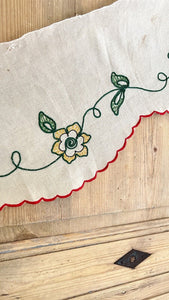 Vintage French country MANTELPIECE COVER embroidered NATURAL LINEN c1930