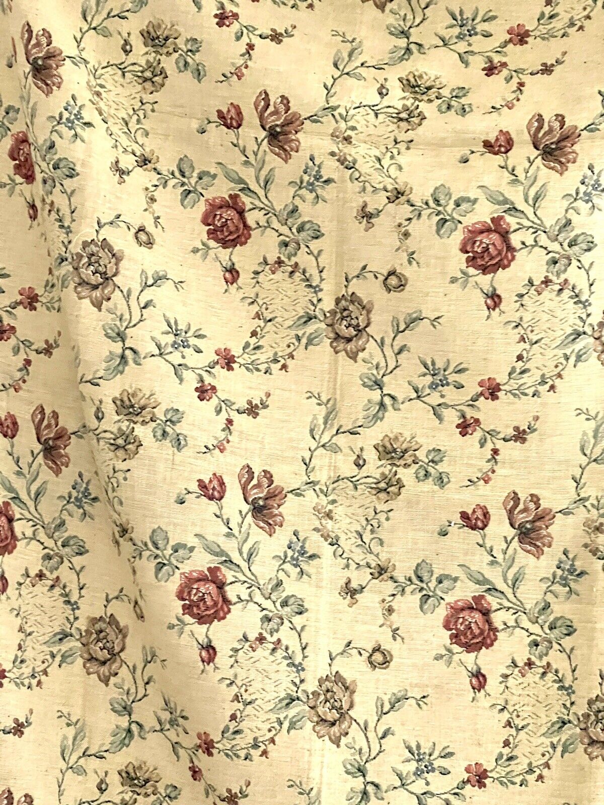 Vintage French HEAVY BOTANIC JACQUARD linen fabric ROSES panel UPHOLSTERY c1940