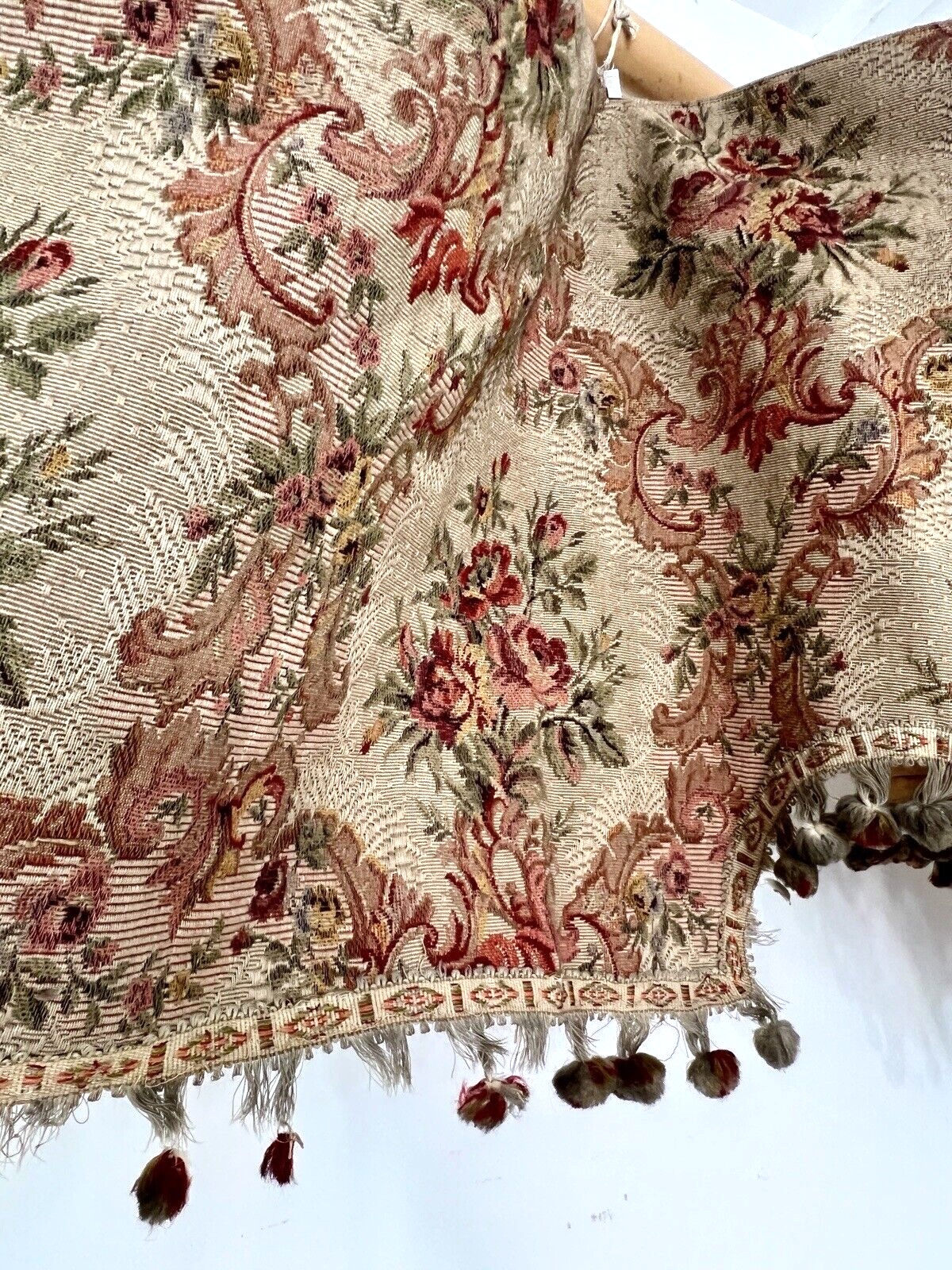 Antique French PAIR floral DAMASK VALANCE braid POMPOMS roses DECOR padded c1850