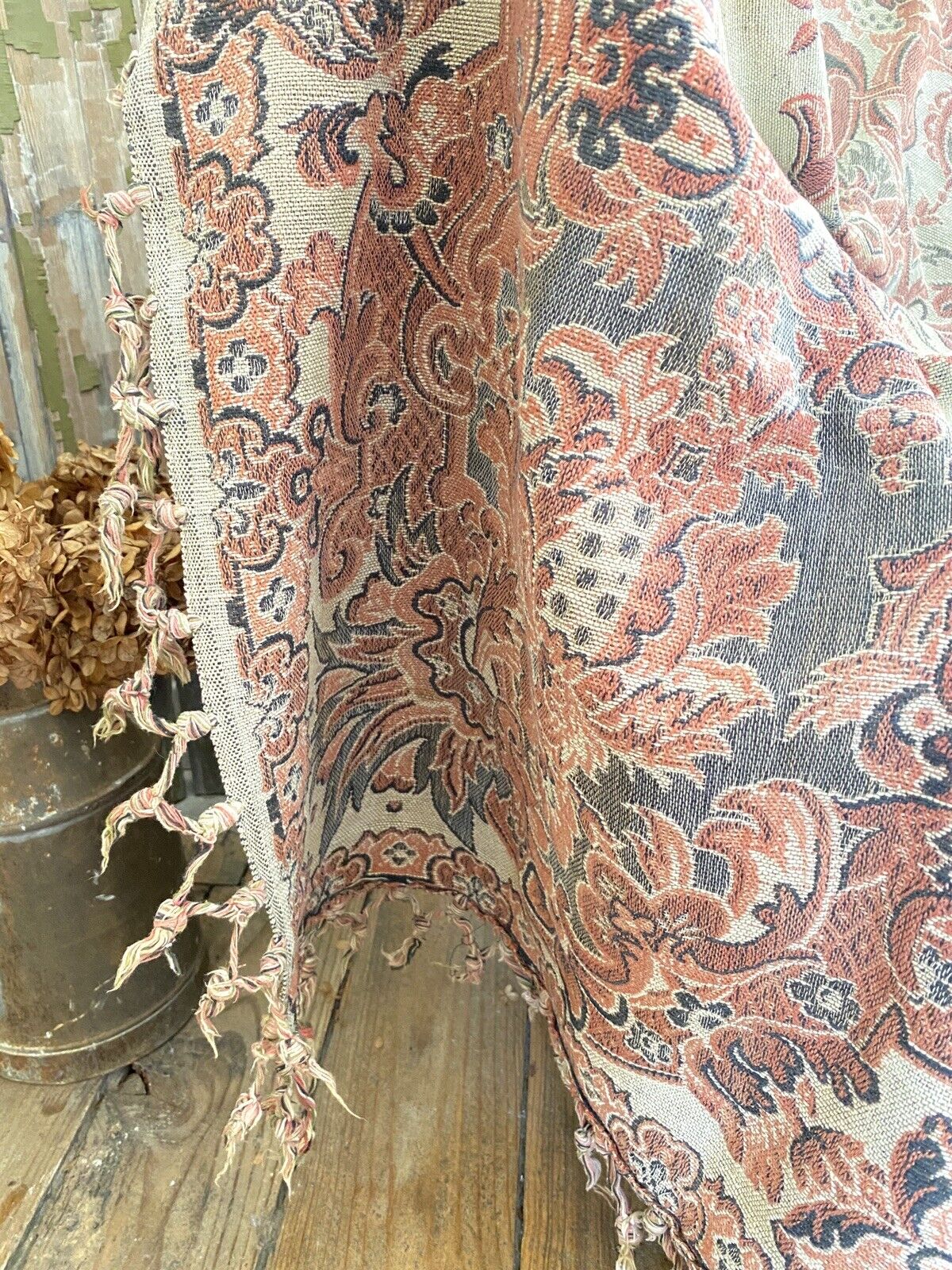 Antique French PALE PINK BLUE PAISLEY boteh TAPESTRY indiennes FRINGES c1930