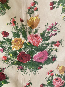 Vintage French FLORAL cotton PANEL large scale ROSES bouquets UPHOLSTERY c1950