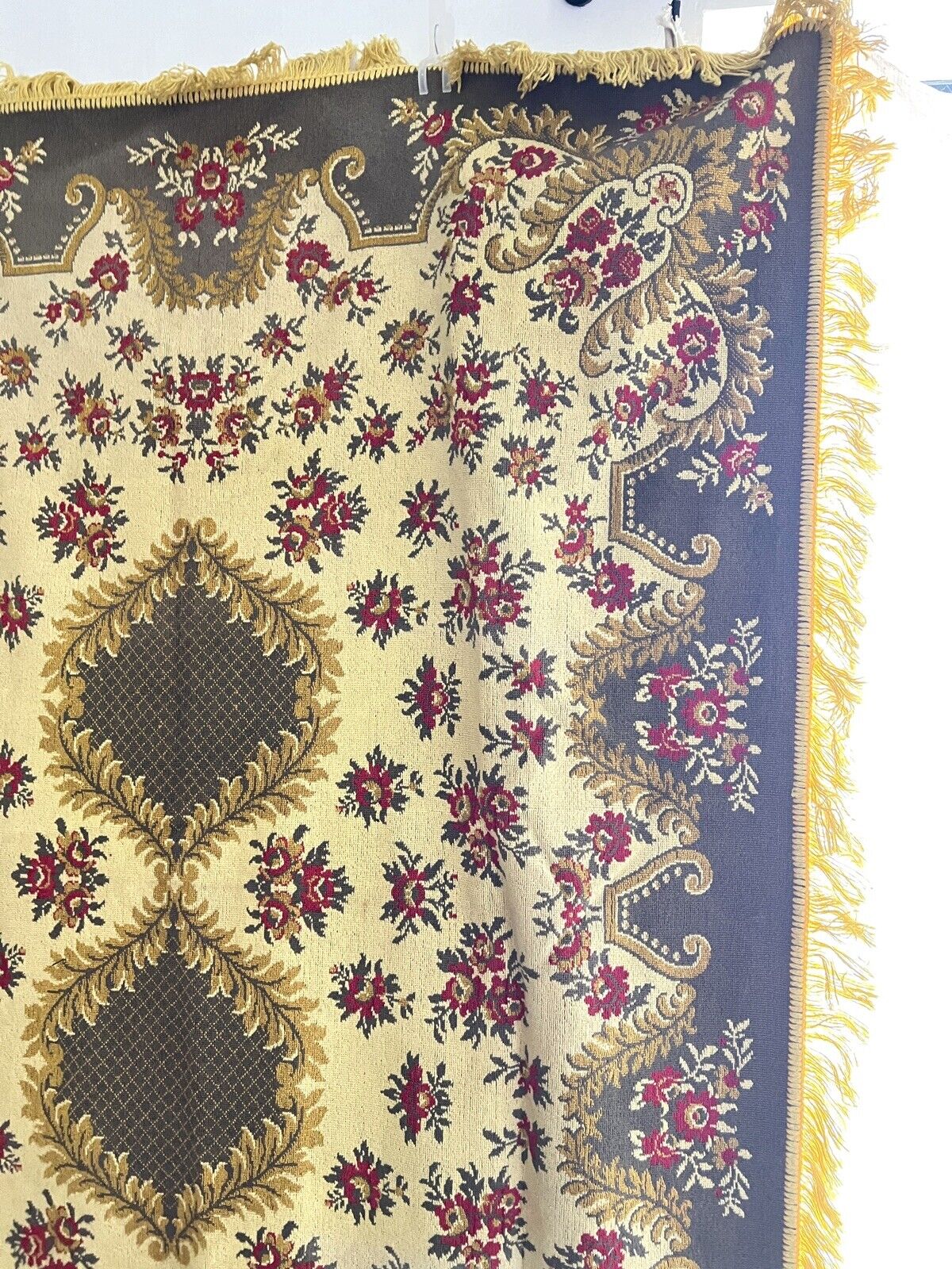 Vintage French FLORAL cotton PROVENCAL GOLD tablecloth wall hanging FRINGE c1950